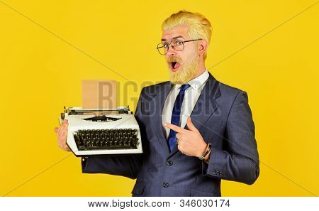 Good Choice. Vintage Typewriter. New Technology. Successful Businessman Use Retro Typewriter. Mature
