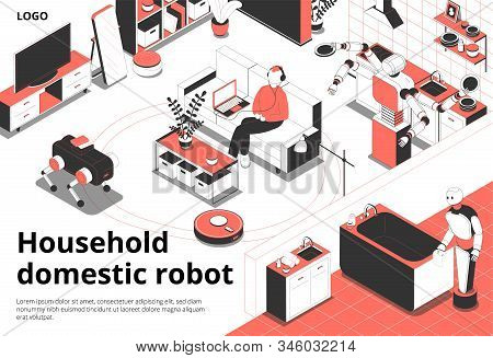 Household Domestic Indoor Robots Isometric Composition With Vacuuming Floor Washing Bathtub Cleaning