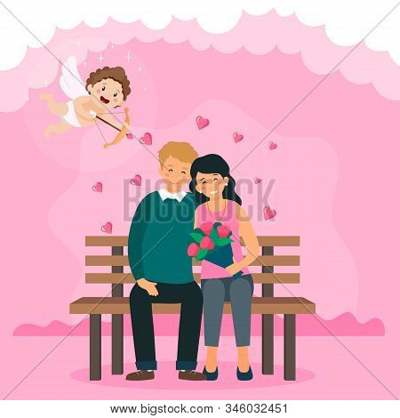 Couple In Love Is Sitting On Park Bench. Cartoon Cupid Is Holding Bow And Shooting Arrow. Cute Heart
