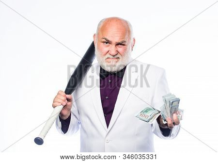 Black Cash Money. Senior Man Hold Cash Money And Baseball Bat. Richness Wellbeing. Money Profit. Per