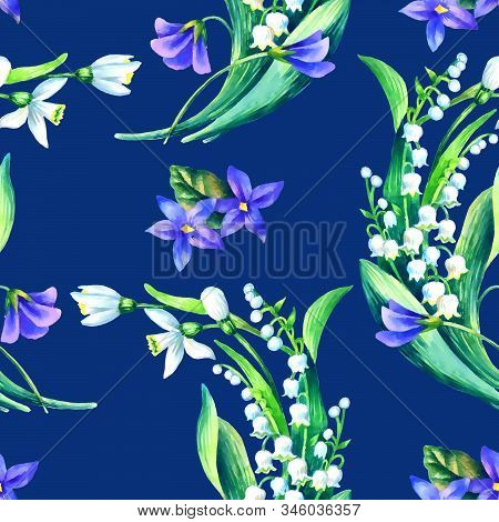 Spring Flowers: Snowdrop, May-lilly, Viola  Seamless Pattern, Hand Paint Watercolor Illustration.
