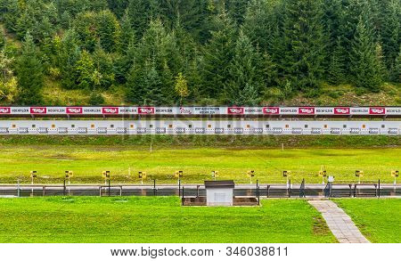 Hochfilzen, Austria - September 2018: Shooting Range At The Local Biathlon Arena