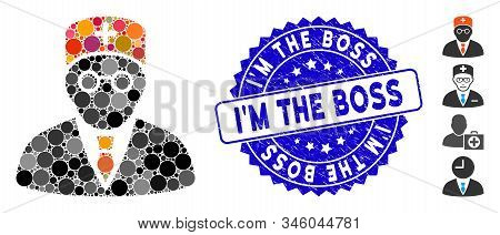 Collage Main Physician Icon And Distressed Stamp Seal With Im The Boss Caption. Mosaic Vector Is Cre