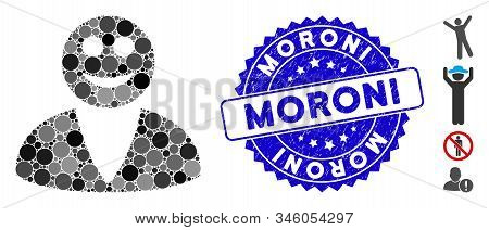 Mosaic Smiled User Icon And Grunge Stamp Watermark With Moroni Caption. Mosaic Vector Is Designed Fr