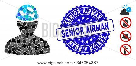Mosaic Soldier Under Spotted Helmet Icon And Rubber Stamp Seal With Senior Airman Phrase. Mosaic Vec