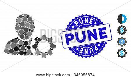 Mosaic User Settings Gear Icon And Distressed Stamp Seal With Pune Phrase. Mosaic Vector Is Created 