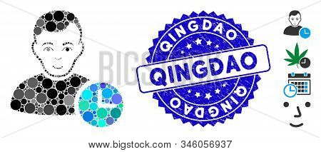 Mosaic User Time Icon And Rubber Stamp Seal With Qingdao Phrase. Mosaic Vector Is Created With User 