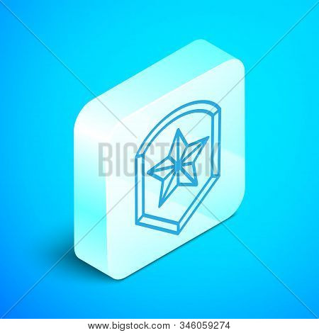 Isometric Line Police Badge Icon Isolated On Blue Background. Sheriff Badge Sign. Shield With Star S