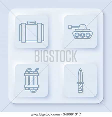 Set Line Military Ammunition Box, Military Tank , Detonate Dynamite Bomb Stick And Military Knife . 