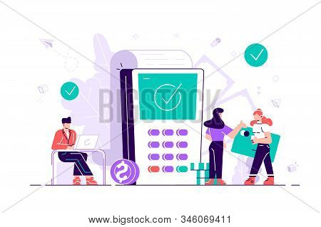 Shopping. Concept Payment Terminals With Tick Check Marks On Screen For, Social Media, Documents, Po