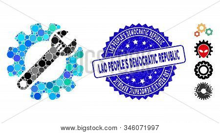 Mosaic Repair Tools Icon And Rubber Stamp Seal With Lao Peoples Democratic Republic Text. Mosaic Vec