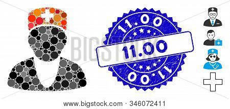 Mosaic Medic Icon And Rubber Stamp Seal With 11.00 Caption. Mosaic Vector Is Formed From Medic Icon 