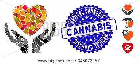 Mosaic Heart Care Icon And Grunge Stamp Watermark With Medical Cannabis Caption. Mosaic Vector Is Cr