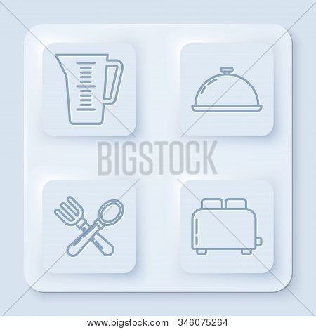 Set Line Measuring Cup, Covered With A Tray Of Food , Crossed Fork And Spoon And Toaster With Toasts