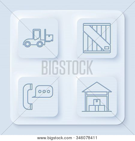 Set Line Forklift Truck , Wooden Box , Telephone With Speech Bubble Chat And Warehouse . White Squar