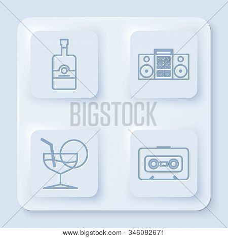 Set Line Whiskey Bottle , Home Stereo With Two Speakers , Martini Glass And Retro Audio Cassette Tap