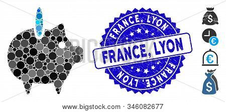 Mosaic Piggy Bank Icon And Distressed Stamp Watermark With France, Lyon Text. Mosaic Vector Is Creat