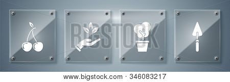 Set Garden Trowel Spade Or Shovel, Tree In Pot, Plant In Hand Of Environmental Protection And Cherry
