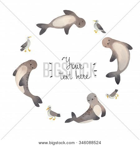Cute Circle Frame Watercolor Swimming Seal, Pinniped. Kawaii Illustration For Children Prints.