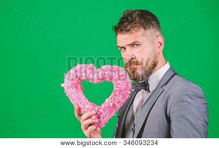 Man In Love Strict Wear Formal Suit Celebrate Valetines Day Green Background. Spread Love Around. Ha