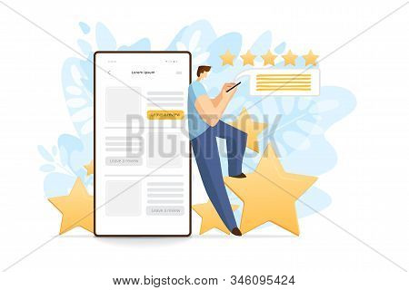 Man Standing Near By Cell Phone, Smartphone, Giving Feedback For Servise Or Product. Flat Modern Ill