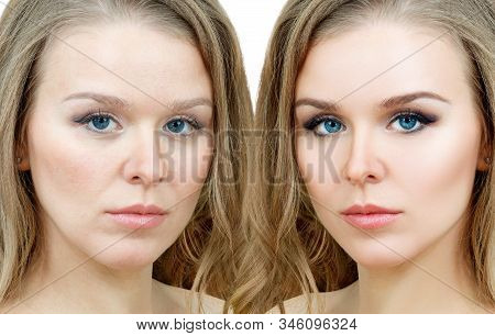 Comparison Portrait Of Adult Woman With And Without Makeup. Isolated On White.