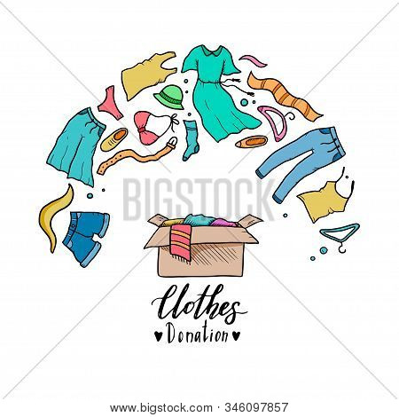 Hand Drawn Illustration Of Clothes Donate, Charity, Care Concept. Doodle Sketch Style Elements Of Cl