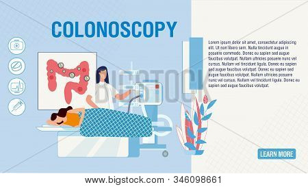 Flat Landing Page Offering Colonoscopy Procedure. Cartoon Patient And Doctor In Clinic Laboratory. R