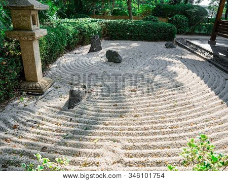 Zen Garden Stone,scree Rock Style Japan In Japanese Village In Ayutthaya Thailand
