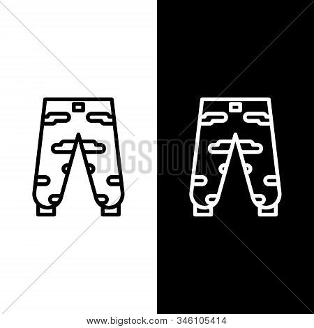 Set Line Camouflage Cargo Pants Icon Isolated On Black And White Background. Vector Illustration