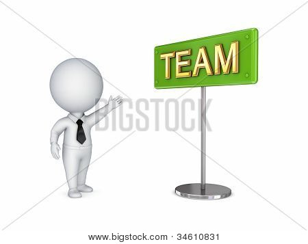 .3D kleine Person zeigt auf ein Bunner-Team...