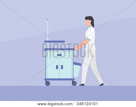 Nurse Push Trolley Box Cabinet Cart With Medical Instrument Stuff With Simple Flat Style Vector Grap
