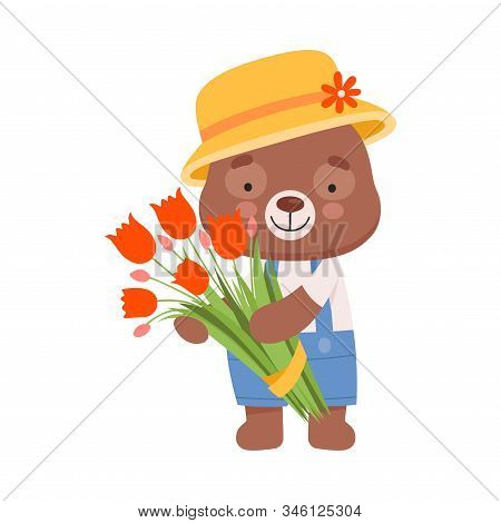 Cheerful Bear Character Wearing Hat And Playsuit Carrying Bunch Of Flowers Vector Illustration