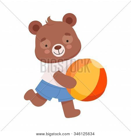 Cheerful Bear Character Wearing Playsuit Running With Ball In His Paws Vector Illustration