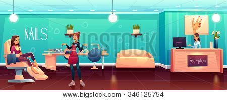 Woman Visiting Beauty Salon, Female Client Siting In Comfortable Chair, Waiting For Pedicure, Manicu