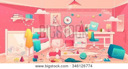 Messy Bedroom Of Little Girl With Spider Web On Ceiling, Scattered Toys, Clothes, Pencils And Crumpl