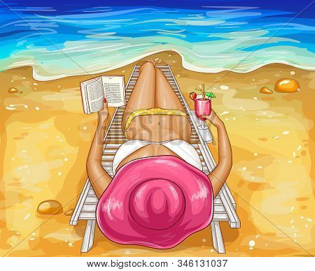 Pop Art Woman In Bikini With Book, Lying On Chaise-longue. Top Perspective View Of Sexy Body With Lo