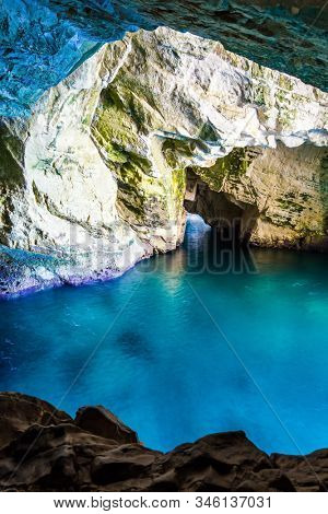 Grottoes Rosh - ha - Nikra - karst cave in the limestone mountain. The color of sea water changes from azure to dark blue. The concept of active, environmental and photo tourism