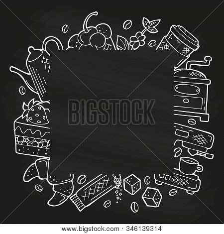Hand Drawn Frame With Coffee And Dessert Icons In Doodle Style. White Outline On A Black Background 