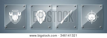Set Hunt On Bear With Crosshairs, Hunting Gun, Hunt Place And Moose Head On Shield. Square Glass Pan