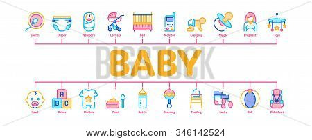 Baby Clothes And Tools Minimal Infographic Web Banner Vector. Baby And Pregnancy Woman, Stroller And