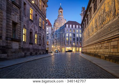 Dresden, Germany. Image Of Dresden, Germany With The Dresden Frauenkirche  During Twilight Blue Hour