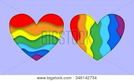 Set Of Rainbow Heart Paper Cut Art Style Horizontal And Vertical Stripe Colors Lgbt Or Glbt Pride Fl