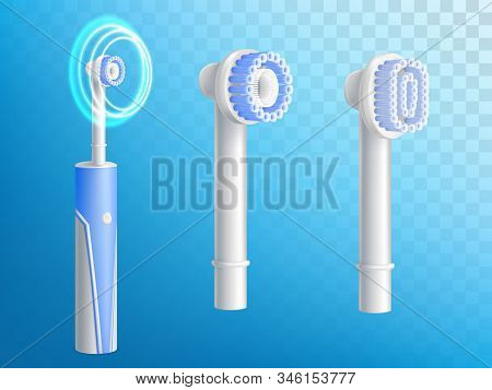 3d Realistic Set Of Toothbrushes, Removable Nozzles For Hygiene Product. Dentist Equipment, Modern E