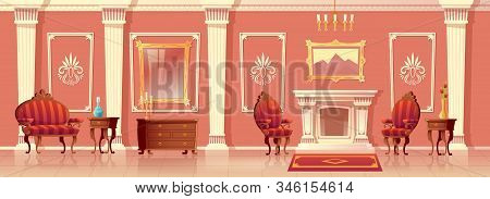 Cartoon Illustration Of Luxury Living Room With Fireplace, Ballroom Or Hallway With Pilasters In Roy