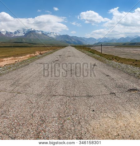 Beautiful Landscape Panorama Of Pamir Mountains Area In Kyrgyzstan. Pamir Highway M41 International 