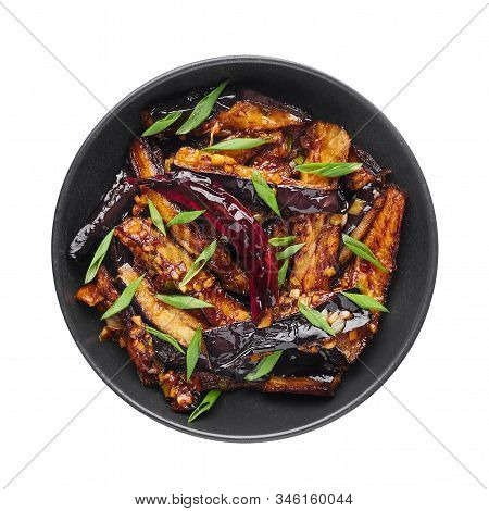 Sichuan Eggplant Stir Fry Isolated At White Background. Eggplant Stir Fry Is Chinese Cuisine Dish Wi