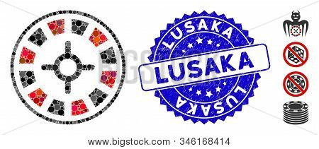 Mosaic Roulette Icon And Rubber Stamp Seal With Lusaka Text. Mosaic Vector Is Created With Roulette 