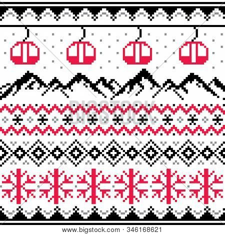 Winter Sports In Mountains, Gondolas Ski And Snowboard Vector Seamless Pattern -  Fair Isle Style Tr