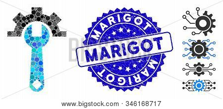 Mosaic Service Tools Icon And Grunge Stamp Seal With Marigot Caption. Mosaic Vector Is Formed With S